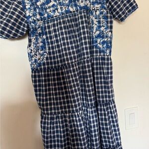 Casual Blue and White Crew Neck Puff Sleeve Dress